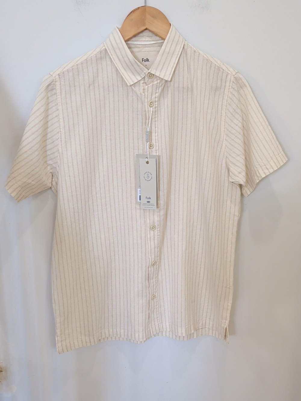 FOLK | Men's Ecru Striped Grant Linen Blend Short Sleeved Button Up Shirt